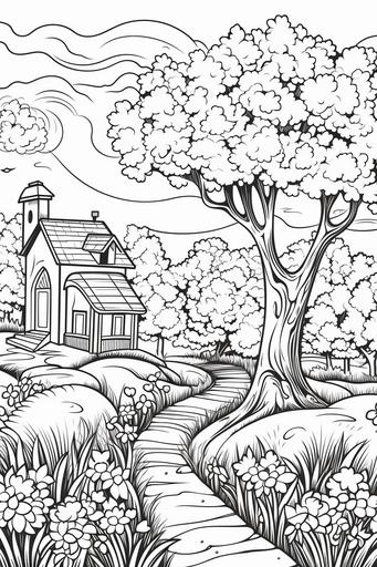 extremely simple, coloring pages for kids, Easter and Nature: Scenes of nature during spring, including blooming gardens, budding trees, and animals awakening from hibernation, cartoon style, thick lines, low details, black and white, no shading --ar 2:3 --v 5.2