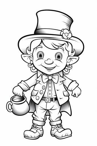 extremely simple, coloring pages for kids, Leprechaun: A playful leprechaun standing next to a pot of gold at the end of a rainbow, wearing a hat and buckled shoes., cartoon style, thick lines, low details, black and white, no shading --ar 2:3 --v 5.2