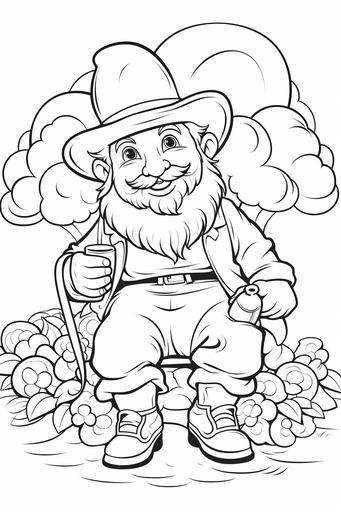 extremely simple, coloring pages for kids, Leprechaun: A playful leprechaun sitting on a mushroom or standing next to a pot of gold at the end of a rainbow, wearing a hat and buckled shoes., cartoon style, thick lines, low details, black and white, no shading --ar 2:3 --v 5.2