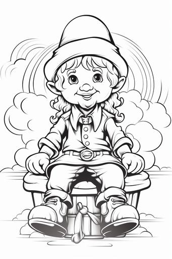 extremely simple, coloring pages for kids, Leprechaun: A playful leprechaun sitting on a mushroom or standing next to a pot of gold at the end of a rainbow, wearing a hat and buckled shoes., cartoon style, thick lines, low details, black and white, no shading --ar 2:3 --v 5.2