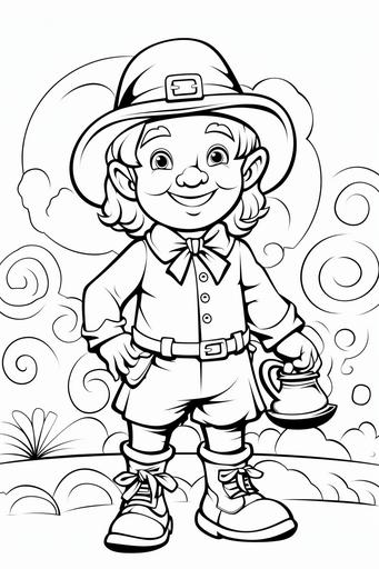 extremely simple, coloring pages for kids, Leprechaun: A playful leprechaun standing next to a pot of gold at the end of a rainbow, wearing a hat and buckled shoes., cartoon style, thick lines, low details, black and white, no shading --ar 2:3 --v 5.2