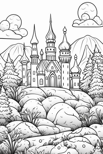 extremely simple, coloring pages for kids, Mythical Easter World: A more imaginative take featuring a fantasy Easter world with magical Easter eggs, fairy-tale characters participating in Easter celebrations, and whimsical landscapes, cartoon style, thick lines, low details, black and white, no shading --ar 2:3 --v 5.2