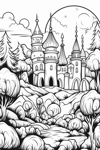extremely simple, coloring pages for kids, Mythical Easter World: A more imaginative take featuring a fantasy Easter world with magical Easter eggs, fairy-tale characters participating in Easter celebrations, and whimsical landscapes, cartoon style, thick lines, low details, black and white, no shading --ar 2:3 --v 5.2