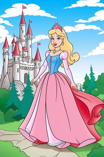 extremely simple, coloring pages for kids, Princess Aurora from Sleeping Beauty outside her Castle, cartoon style, thick lines, low details, Colored with Color Pencils, no shading --ar 2:3 --v 5.2