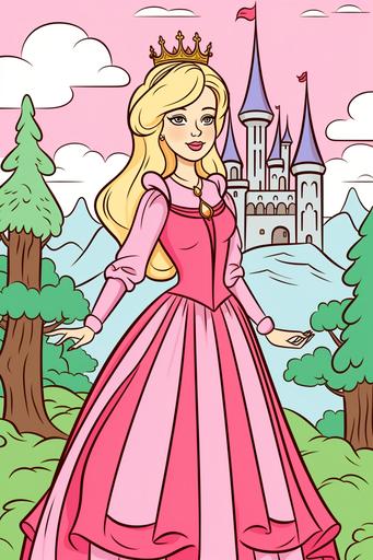 extremely simple, coloring pages for kids, Princess Aurora from Sleeping Beauty outside her Castle, cartoon style, thick lines, low details, Colored with Color Pencils, no shading --ar 2:3 --v 5.2