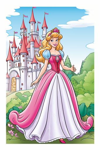 extremely simple, coloring pages for kids, Princess Aurora from Sleeping Beauty outside her Castle, cartoon style, thick lines, low details, Colored with Color Pencils, no shading --ar 2:3 --v 5.2