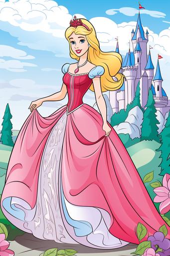 extremely simple, coloring pages for kids, Princess Aurora from Sleeping Beauty outside her Castle, cartoon style, thick lines, low details, Colored with Color Pencils, no shading --ar 2:3 --v 5.2