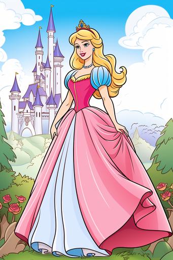 extremely simple, coloring pages for kids, Princess Aurora from Sleeping Beauty outside her Castle, cartoon style, thick lines, low details, Colored with Color Pencils, no shading --ar 2:3 --v 5.2