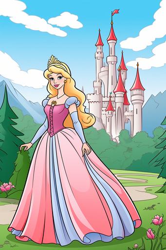 extremely simple, coloring pages for kids, Princess Aurora from Sleeping Beauty outside her Castle, cartoon style, thick lines, low details, Colored with Color Pencils, no shading --ar 2:3 --v 5.2