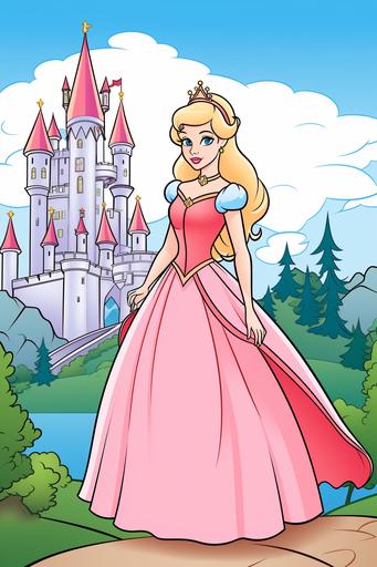 extremely simple, coloring pages for kids, Princess Aurora from Sleeping Beauty outside her Castle, cartoon style, thick lines, low details, Colored with Color Pencils, no shading --ar 2:3 --v 5.2