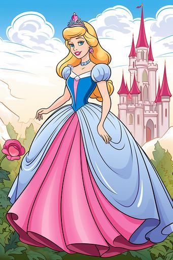 extremely simple, coloring pages for kids, Princess Aurora from Sleeping Beauty outside her Castle, cartoon style, thick lines, low details, Colored with Color Pencils, no shading --ar 2:3 --v 5.2