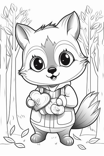 extremely simple, coloring pages for kids, Woodland creatures in the forest on Valentine's Day holding hearts, cartoon style, thick lines, low details, black and white, no shading --ar 2:3 --v 5.2