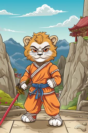 extremely simple, coloring pages for kids, a Kung Fu Lion with a sword outside a temple defending a mountain pass against an army, cartoon style, thick lines, low details, Colored with color pencils, no shading --ar 2:3 --v 5.2