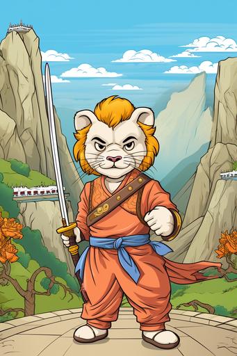 extremely simple, coloring pages for kids, a Kung Fu Lion with a sword outside a temple defending a mountain pass against an army, cartoon style, thick lines, low details, Colored with color pencils, no shading --ar 2:3 --v 5.2
