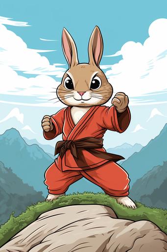 extremely simple, coloring pages for kids, a Rabbit practicing Kung Fu on top of a mountain,, Kung Fu Panda cartoon style, thick lines, low details, Colored with Color Pencils, no shading --ar 2:3 --v 5.2