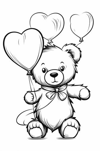extremely simple, coloring pages for kids, a teddy bear with a heart balloon on valentine's day, cartoon style, thick lines, low details, black and white, no shading --ar 2:3 --v 5.2