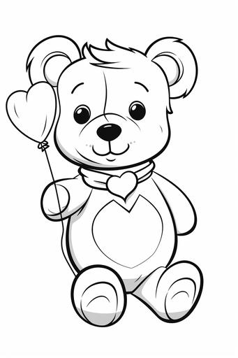extremely simple, coloring pages for kids, a teddy bear with a heart balloon on valentine's day, cartoon style, thick lines, low details, black and white, no shading --ar 2:3 --v 5.2