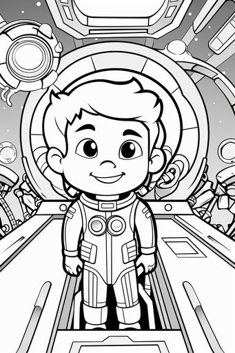 extremely simple, coloring pages for kids, a view from the outside of a spaceship landing on a distance planet, a pig pilot in the cockpit of a space freighter similar to the bridge of the Enterprise in Start Trek, the pig is the captain of the spaceship, there is a pig co-pilot next to them and a pig engineer, cartoon style, thick lines, low details, black and white, no shading --ar 2:3 --v 5.2