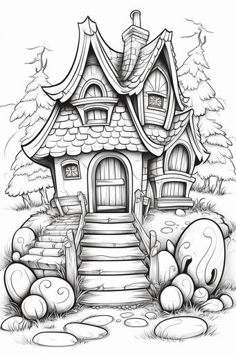 extremely simple, coloring pages for kids, an Easter fantasy Realm where there are magical factories run by Easter Bunnies producing Easter Eggs, cartoon style, thick lines, low details, black and white, no shading --ar 2:3 --v 5.2