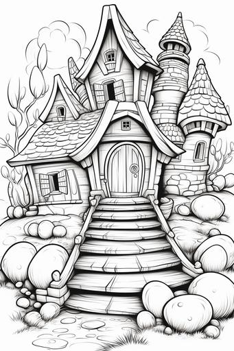 extremely simple, coloring pages for kids, an Easter fantasy Realm where there are magical factories run by Easter Bunnies producing Easter Eggs, cartoon style, thick lines, low details, black and white, no shading --ar 2:3 --v 5.2