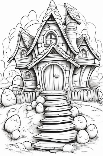 extremely simple, coloring pages for kids, an Easter fantasy Realm where there are magical factories run by Easter Bunnies producing Easter Eggs, cartoon style, thick lines, low details, black and white, no shading --ar 2:3 --v 5.2