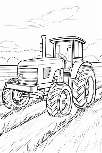 extremely simple, coloring pages for kids, john deer tractor in a field, cartoon style, thick lines, low details, black and white, no shading --ar 2:3 --v 5.2