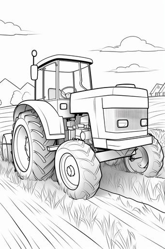 extremely simple, coloring pages for kids, john deer tractor in a field, cartoon style, thick lines, low details, black and white, no shading --ar 2:3 --v 5.2