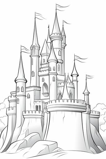 extremely simple, coloring pages for kids, maleficent from Sleeping beauty as a dragon over a castle, cartoon style, thick lines, low details, black and white, no shading --ar 2:3 --v 5.2