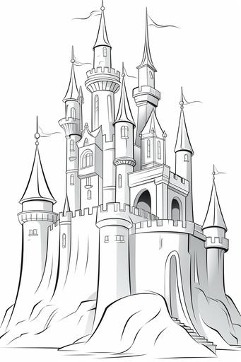 extremely simple, coloring pages for kids, maleficent from Sleeping beauty as a dragon over a castle, cartoon style, thick lines, low details, black and white, no shading --ar 2:3 --v 5.2