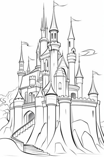 extremely simple, coloring pages for kids, maleficent from Sleeping beauty as a dragon over a castle, cartoon style, thick lines, low details, black and white, no shading --ar 2:3 --v 5.2