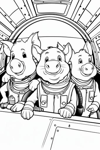 extremely simple, coloring pages for kids, three pigs on a spaceship, a pig pilot in the cockpit of a space freighter similar to the bridge of the Enterprise in Start Trek, the pig is the captain of the spaceship, there is a pig co-pilot next to them and a pig engineer, cartoon style, thick lines, low details, black and white, no shading --ar 2:3 --v 5.2