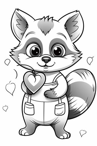 extremely simple, coloring pages for kids, woodland animals holding hearts for Valentine's Day, cartoon style, thick lines, low details, black and white, no shading --ar 2:3 --v 5.2
