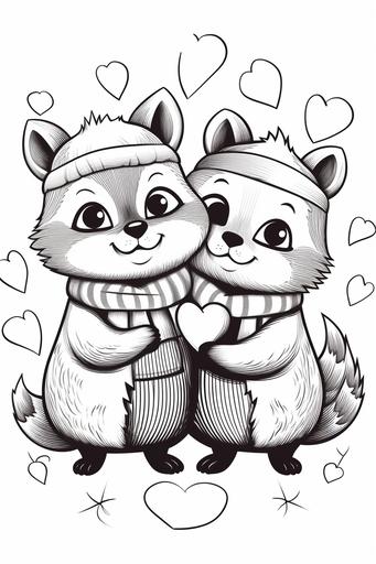 extremely simple, coloring pages for kids, woodland animals holding hearts for Valentine's Day, cartoon style, thick lines, low details, black and white, no shading --ar 2:3 --v 5.2