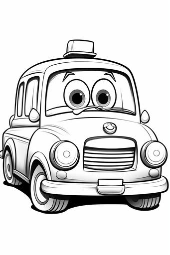 extremely simple. coloring page for young kids. cartoon style. taxi cab with board face. low detail. no shading. black and white, white tires --ar 2:3