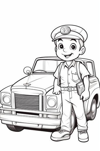 extremely simple. coloring page for young kids. cartoon style. taxi driver. low detail. no shading. black and white, --ar 2:3