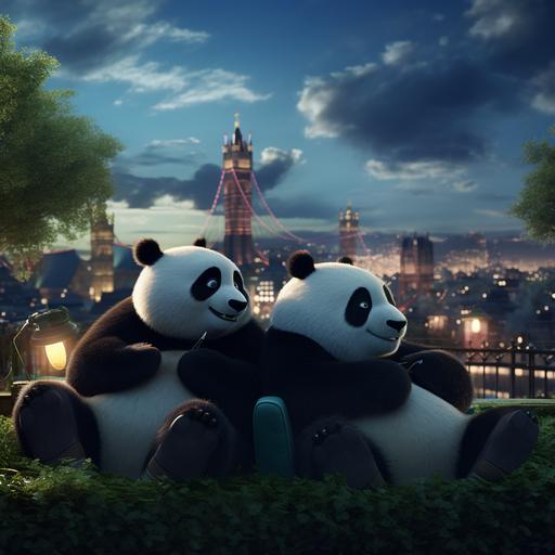 exvacator, pixar style, looking tired, outside in a park in London, two little pandas sleeping at night, outlook to a city - high quality