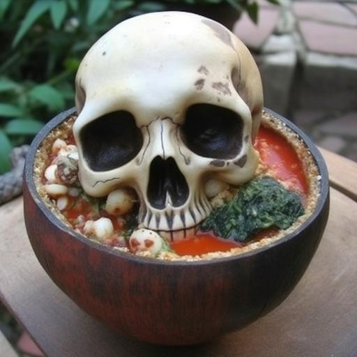 eyeball soup served in a human skull bowl, macabre, surreal --v 5 --c 55