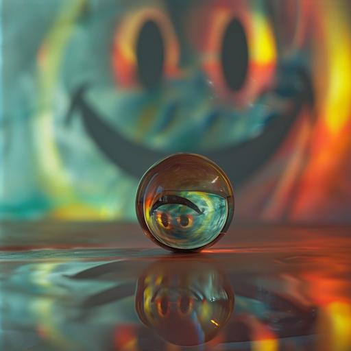 a perfectly clear borosilicate glass marble in front of an image of an upside down smiley face, glass refraction distortion object detection via abstract features, photonegative refractograph, color image --v 6.0