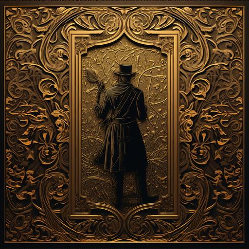 Create an illustration of an antique Western book cover, inspired by late 19th-century British design. The cover should have intricate gold embossing and Victorian-era ornamental patterns. At the center, depict a figure from the back, resembling a classic detective in the style of the era: wearing a tweed suit, a deerstalker hat, and holding a magnifying glass, gazing into the distance. The title of the book is in an elegant, vintage font, and the overall color palette should be rich and aged, with deep browns, greens, and burgundy, giving a sense of mystery and historical depth.