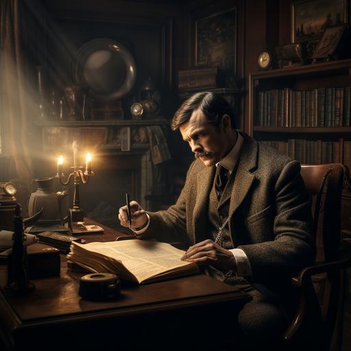 Visualize a classic detective scene in a dimly lit, Victorian-era study room. In the foreground, a detective (reminiscent of Sherlock Holmes) and a companion are examining a piece of paper under a lamplight. The detective, with a magnifying glass in hand, peers intently at the paper, showing a focus on its intricate details. The companion, holding the paper up to the light, reveals watermarks in the form of intricate letters 'E', 'g', 'P', 'G', and 't'. The room is filled with antique furniture, books, and detective paraphernalia, creating an atmosphere of mystery and intellectual challenge. The scene conveys a sense of deep analysis and the pursuit of clues in a sophisticated, historical setting.
