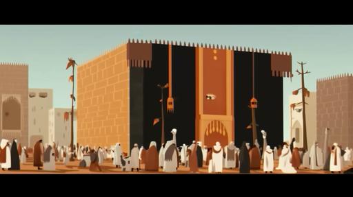,cartoon style 2D , Pilgrims before Islam revolve around the Kaaba, and there are there statues of pagan deities around the Kaaba , HD , 8K. --ar 16:9 --q 2 --uplight --v 5