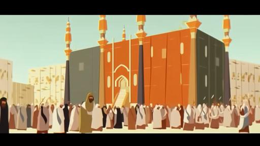 ,cartoon style 2D , Pilgrims before Islam revolve around the Kaaba, and there are statues of pagan deities around the Kaaba , fhd , 8K. --ar 16:9 --q 2 --uplight --v 5