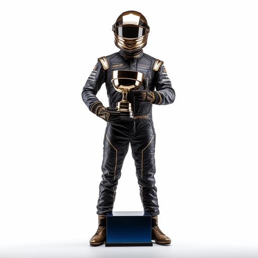 f1 driver, dark blue uniform, helmet on, shield down, white background, full body pose including feet, holding a bronze trophy