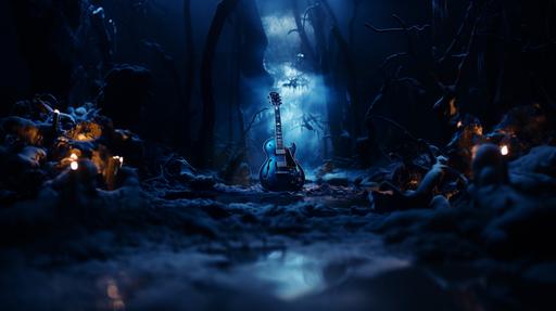 f/1.4, f/2.8, bokeh, 35mm, hyperrealistic dark blue guitar with bitcoin logo on it, breath-taking aurora borealis sky on the background, magical style, 8k resolution, --stylize 750 --v 5.2 --ar 16:9
