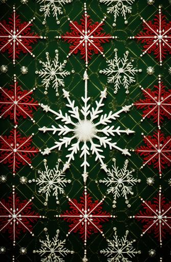 a background with white snowflakes on red and green plaid, in the style of john mckinstry, decorative elements, #vfxfriday, clayton crain, travis louie, crystalcore, multidimensional planes --ar 21:32