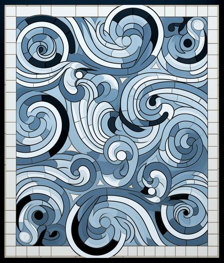 a black and white tile pattern with two waves, in the style of greek and roman art and architecture, punctured canvases, snailcore, luminous shadowing, yup'ik art, dark gray and sky-blue, elaborate borders --ar 53:62