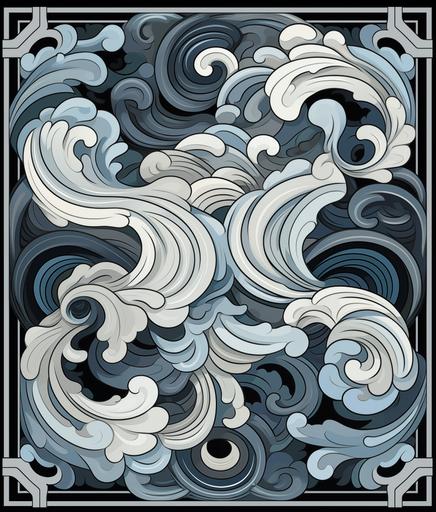 a black and white tile pattern with two waves, in the style of greek and roman art and architecture, punctured canvases, snailcore, luminous shadowing, yup'ik art, dark gray and sky-blue, elaborate borders --ar 53:62
