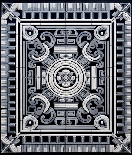 a black and white tile pattern with two waves, in the style of greek and roman art and architecture, punctured canvases, snailcore, luminous shadowing, yup'ik art, dark gray and sky-blue, elaborate borders --ar 53:62