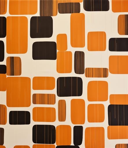 an orange and tan patterned tapestry with white squares and circled shapes, in the style of dark brown and brown, rollerwave, wallpaper, hal foster, glossy finish, curvilinear forms, brown --ar 45:52
