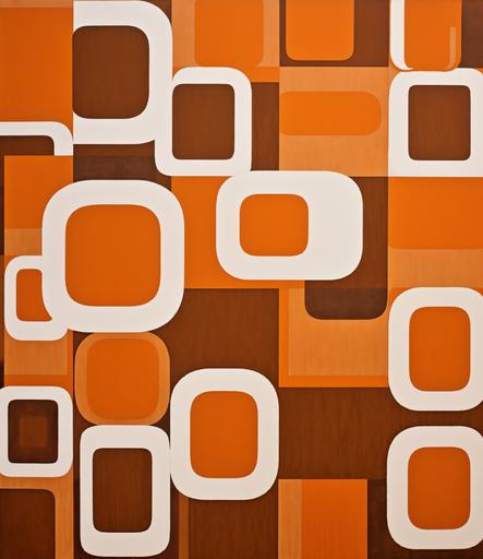 an orange and tan patterned tapestry with white squares and circled shapes, in the style of dark brown and brown, rollerwave, wallpaper, hal foster, glossy finish, curvilinear forms, brown --ar 45:52